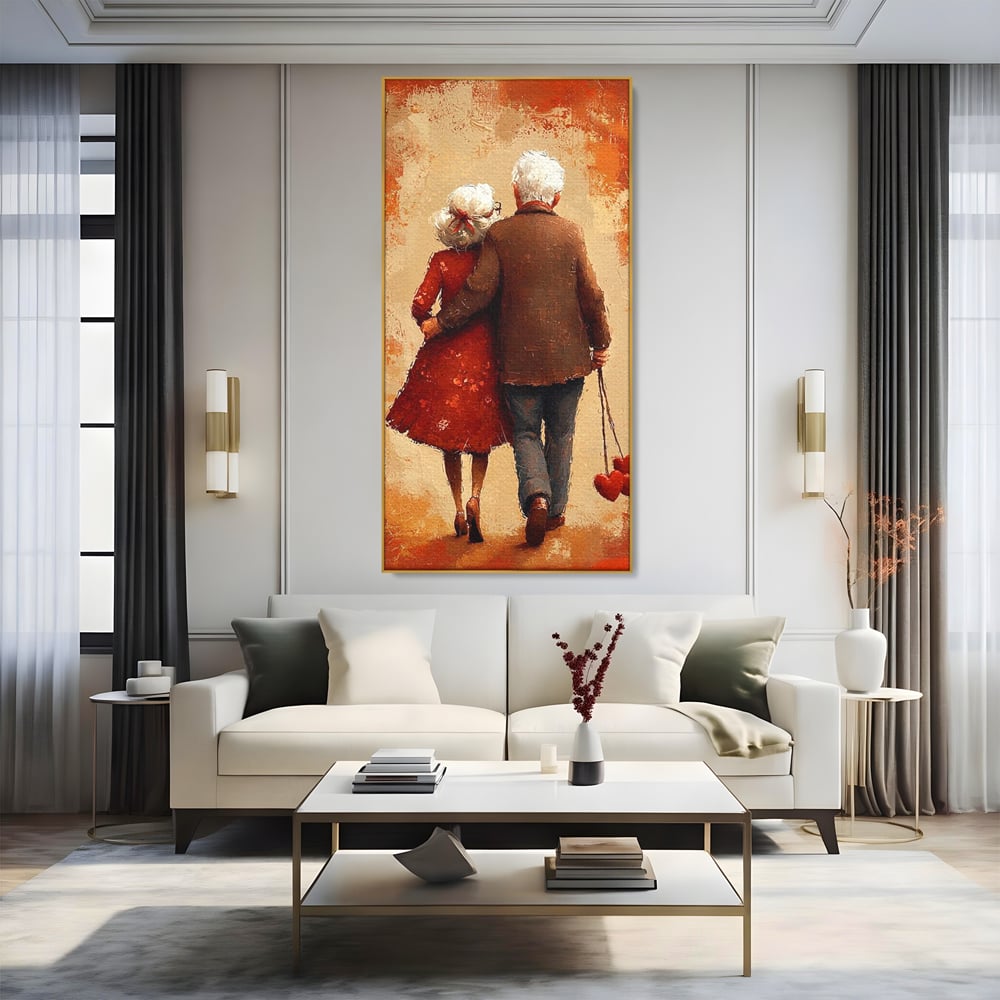 Tablou canvas cu pictura cu un cuplu in varsta imbratisat, in rama de aluminiu auriu, pe perete intr-un living